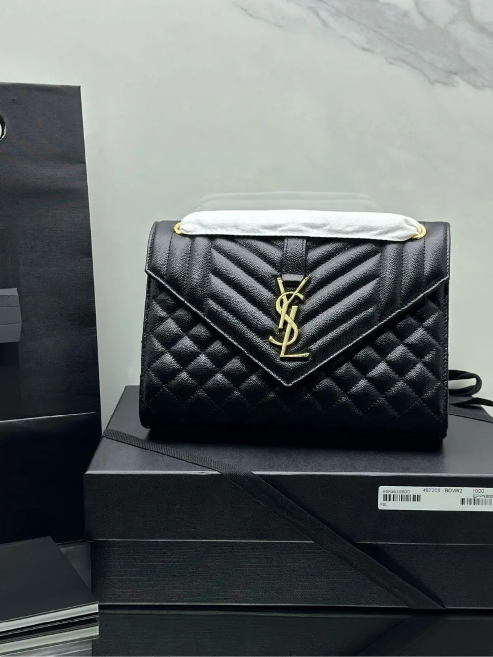 Saint Laurent Black Quilted Leather Shoulder Bag with Gold YSL Logo